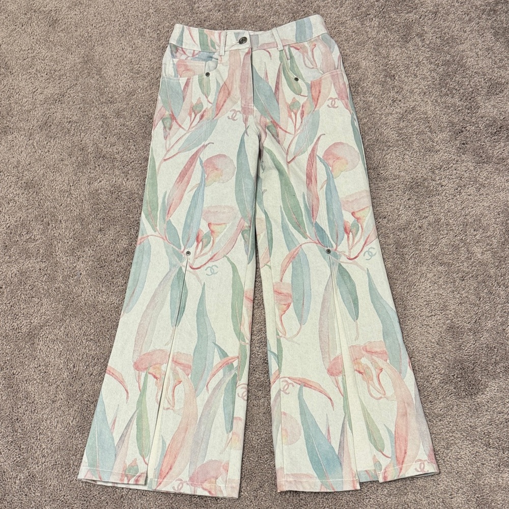 Women’s High Rise Flare Jeans Pastel Floral Print Garment